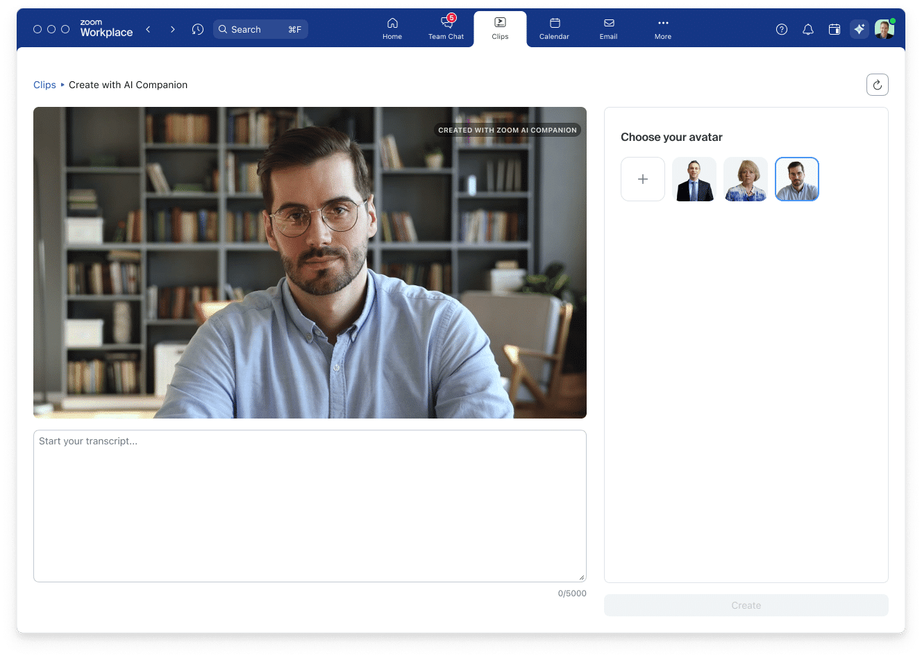 Interfaz de Zoom Workplace mostrando opciones de transcripci&oacute;n y selecci&oacute;n de avatar personalizado