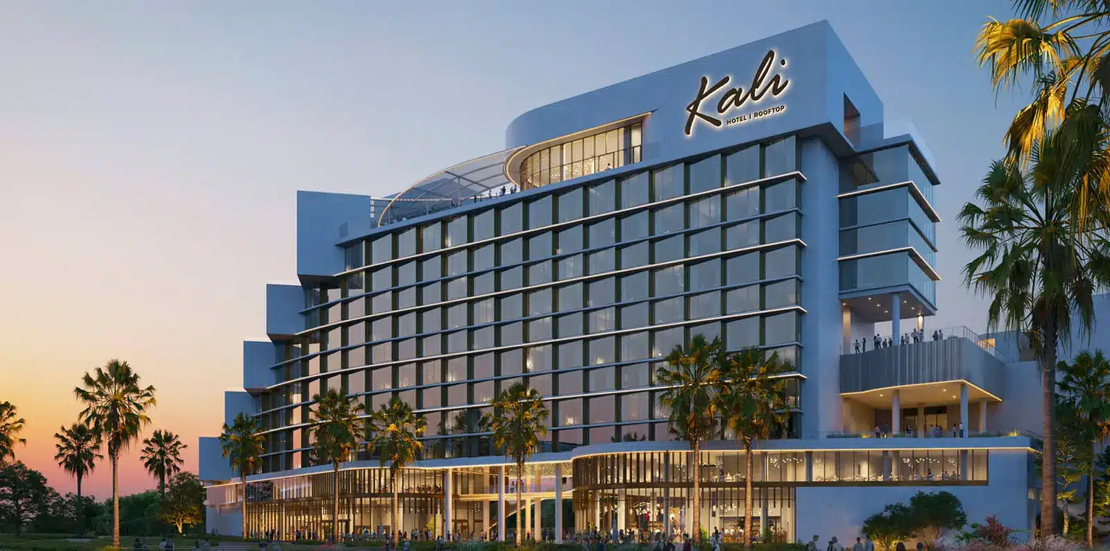 Hotel moderno y estilizado en entorno tropical, representando el tipo de desarrollo hotelero que complementa el distrito Miami Freedom Park