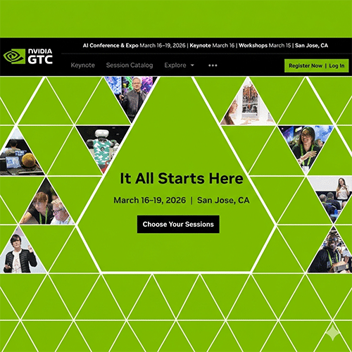 Dise&ntilde;o promocional de NVIDIA GTC 2026 con el lema 'It All Starts Here'