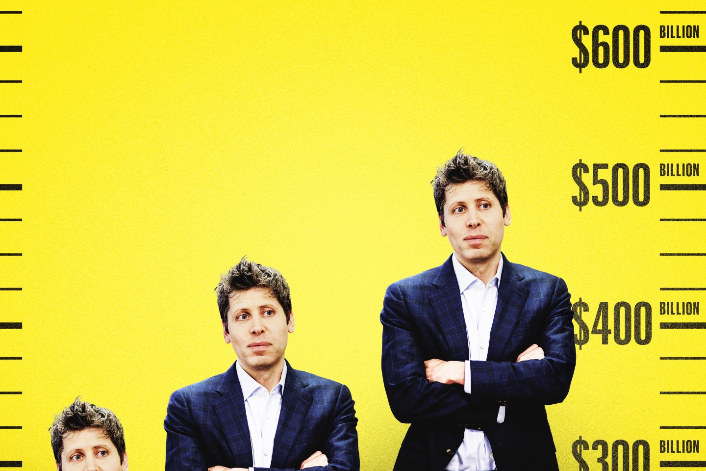 Gráfico de valoraciones de startups de IA mostrando cifras desde $300 hasta $600 millones, con figuras humanas reflexionando sobre tácticas de financiación