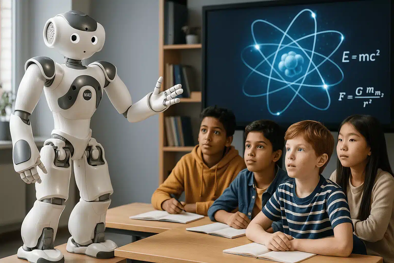 Robot humanoide interactuando con ni&ntilde;os en un entorno educativo