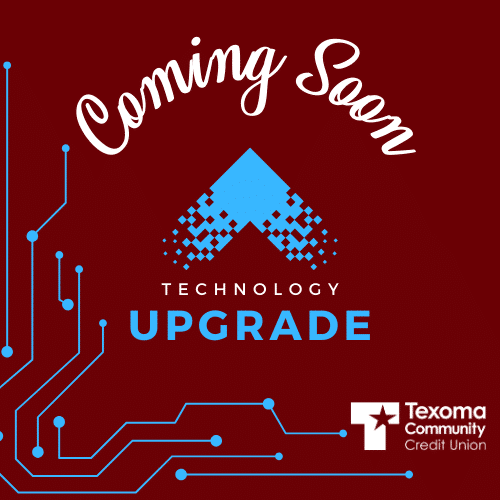 Diseño gráfico anunciando una actualización tecnológica para una unión de crédito, con patrón de circuitos