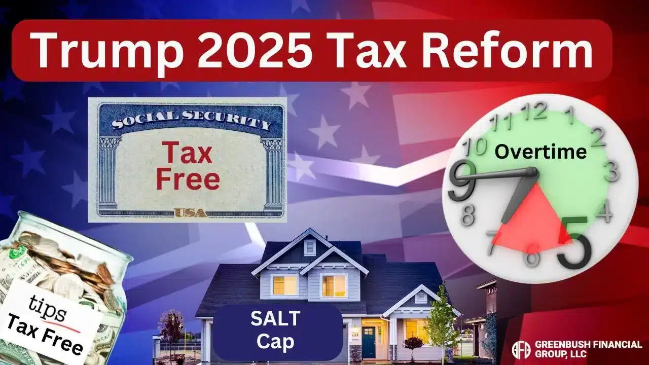 Diseño gráfico del plan fiscal de Trump 2025 con elementos de horas extras, SALT Cap y tax free