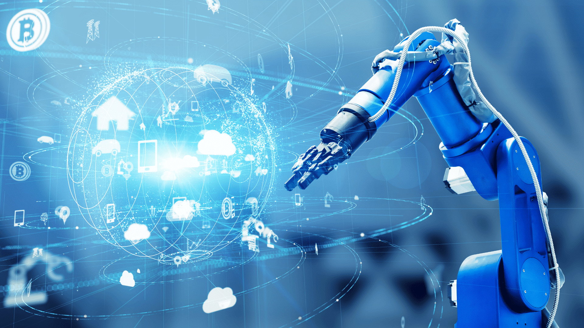 Brazo rob&oacute;tico industrial interactuando con conceptos digitales de IA y conectividad