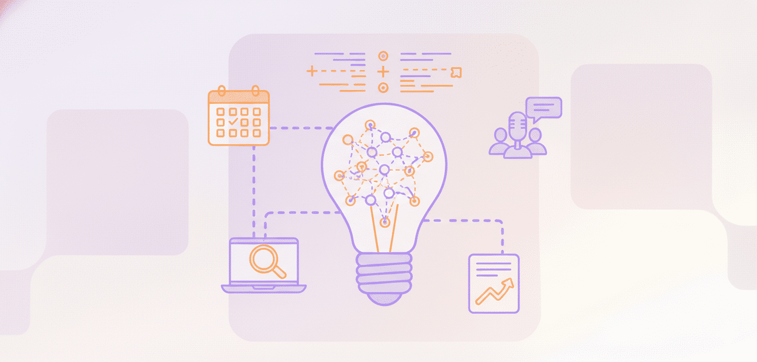 Diseño gráfico moderno que representa innovación, colaboración y análisis de datos en IA