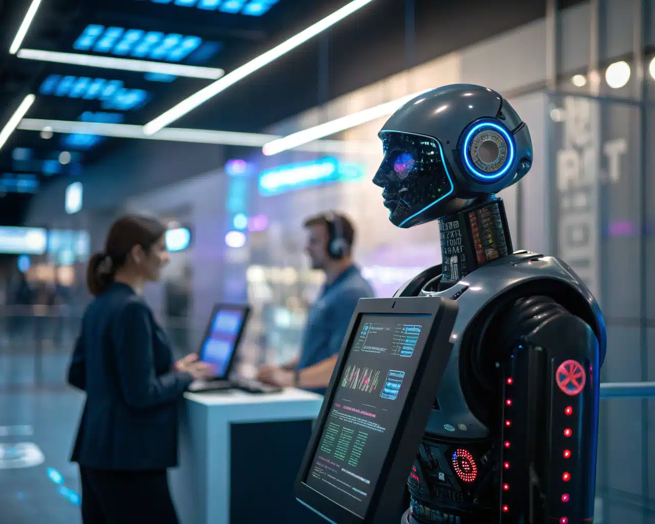 Robot humanoide con pantalla interactuando en un entorno de trabajo moderno