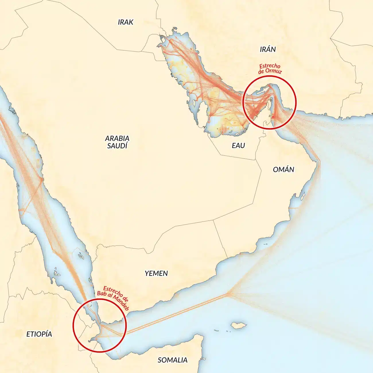 Mapa del Estrecho de Ormuz y Bab el Mandeb mostrando rutas de navegación estratégicas