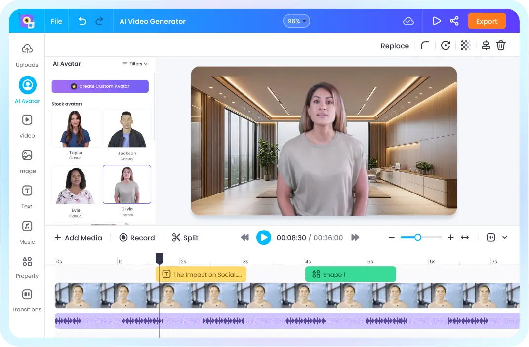 Interfaz de un generador de videos con IA, mostrando un avatar y opciones de edici&oacute;n