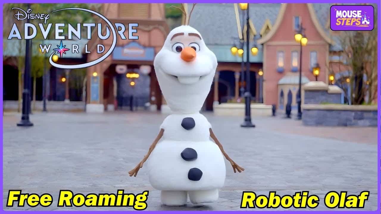 Robot Olaf de Disney moviéndose libremente en un parque temático