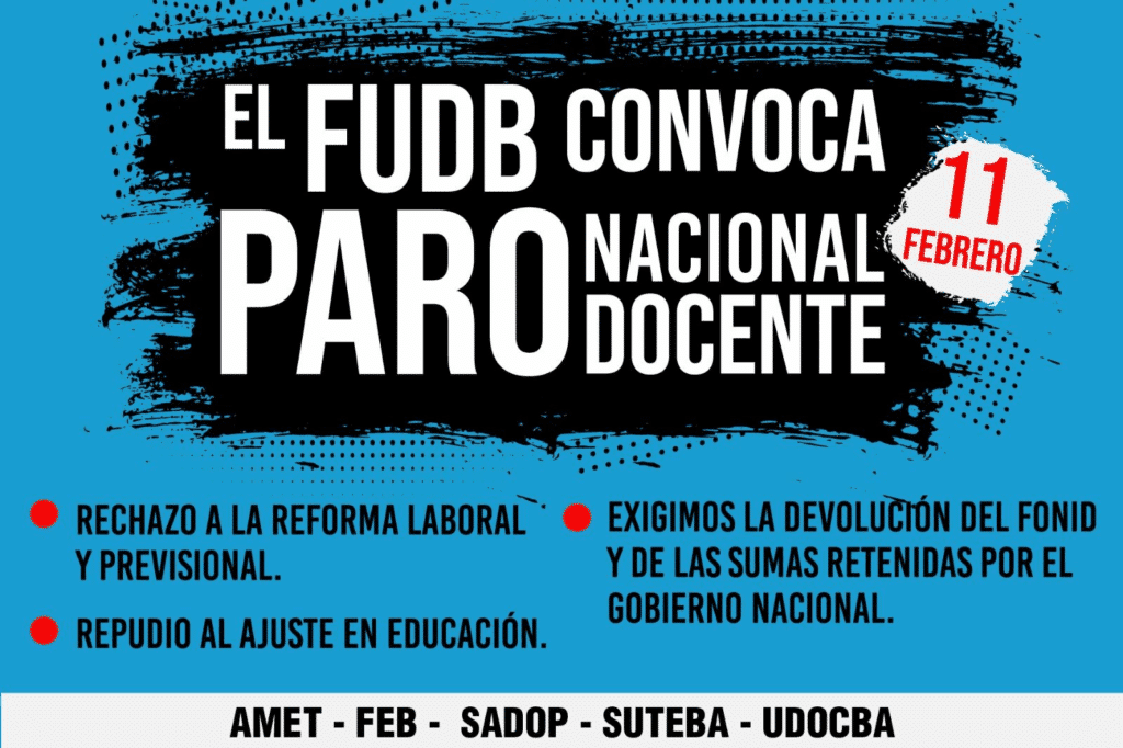 Cartel de convocatoria a paro nacional docente con reclamos contra la reforma laboral y previsional