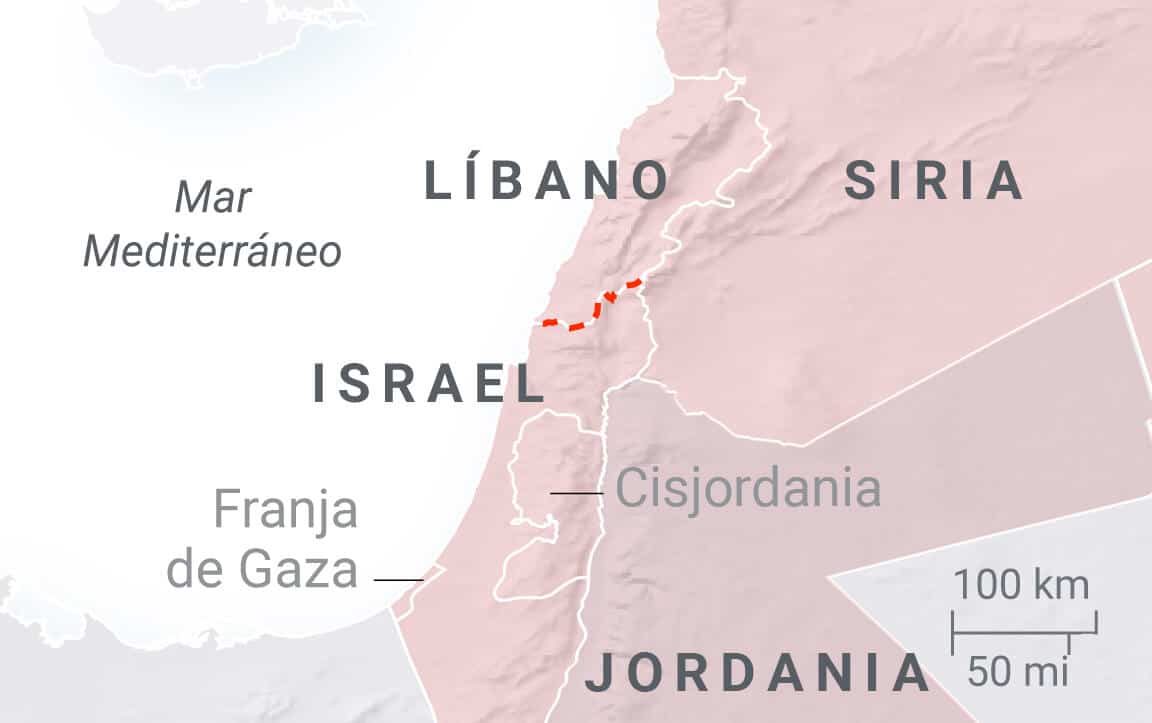Mapa de la región del Medio Oriente mostrando países como Israel, Líbano, Siria, Irán y otros