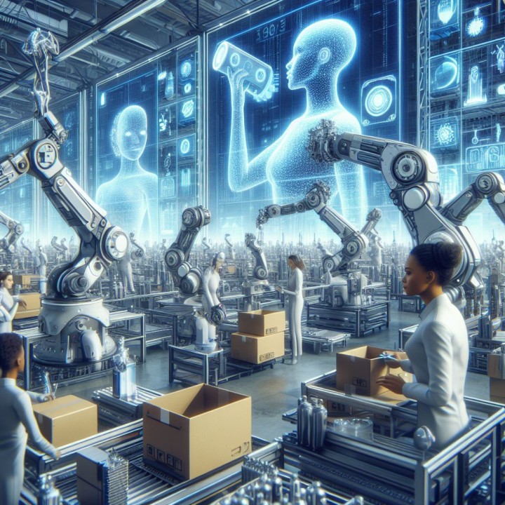 Entorno de trabajo futurista con automatizaci&oacute;n industrial y pantallas de datos