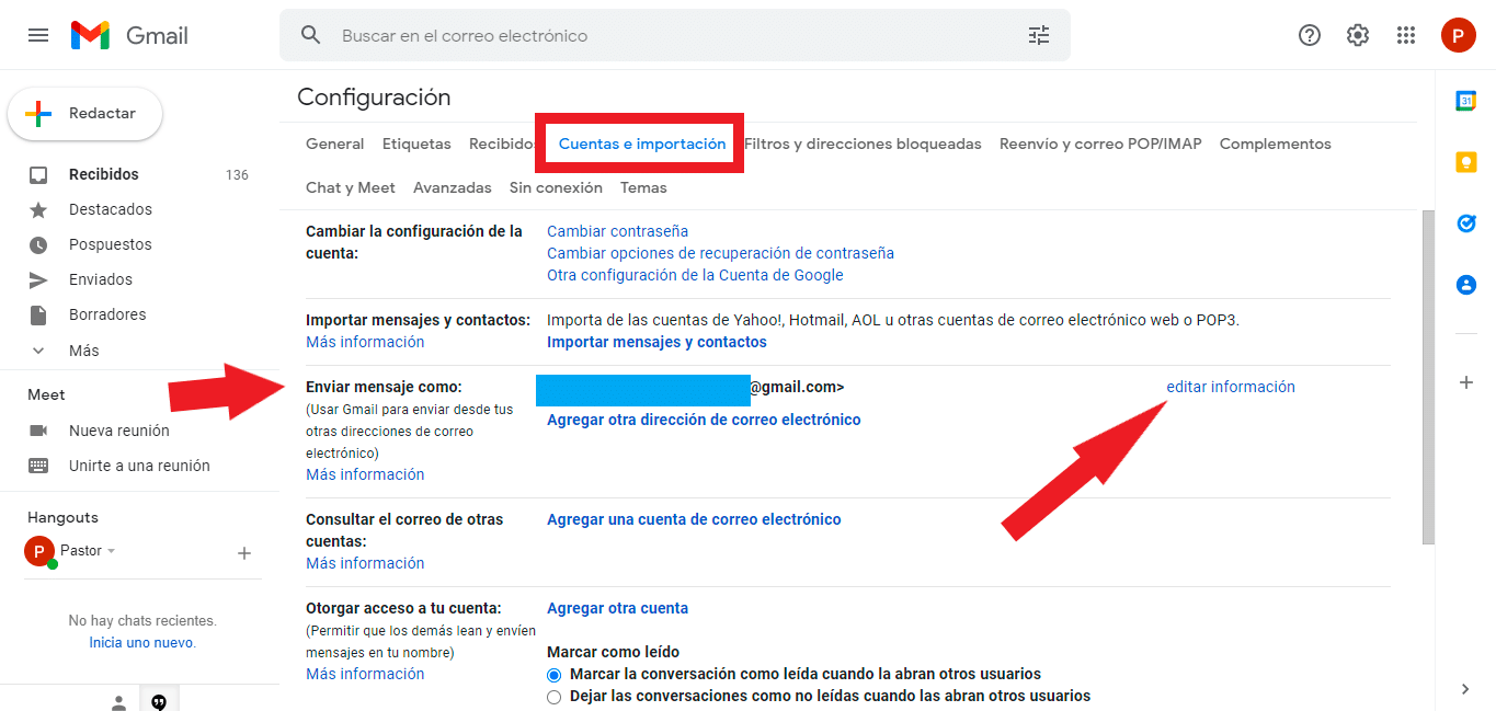 Interfaz de configuración de la cuenta de Gmail mostrando la sección de Cuentas e Importación