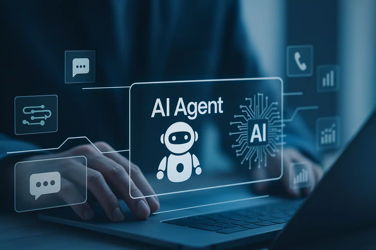 Entorno digital con iconos de inteligencia artificial, robot agente y circuitos, representando el desarrollo de IA empresarial