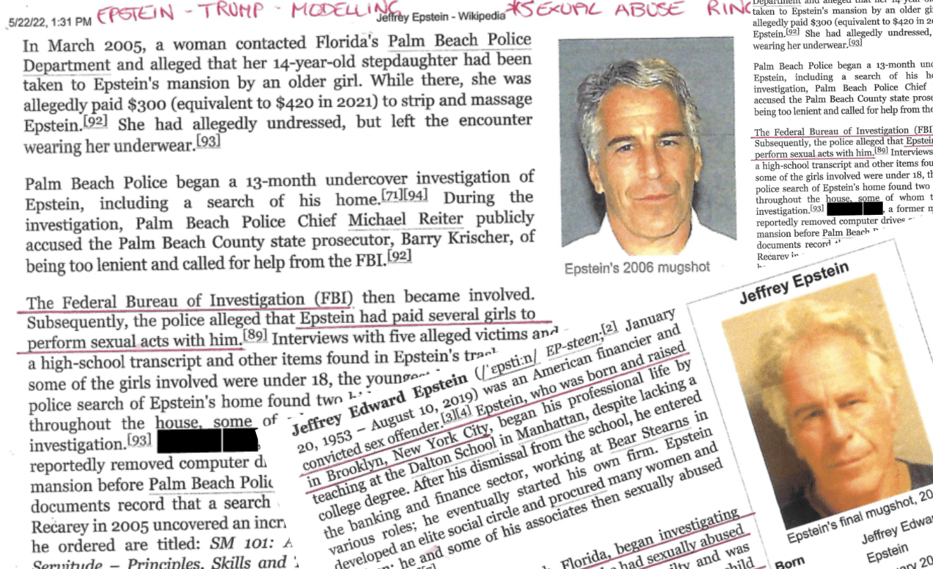 Collage de documentos y fotografías de Jeffrey Epstein, con anotaciones sobre la red de abuso sexual y la investigación