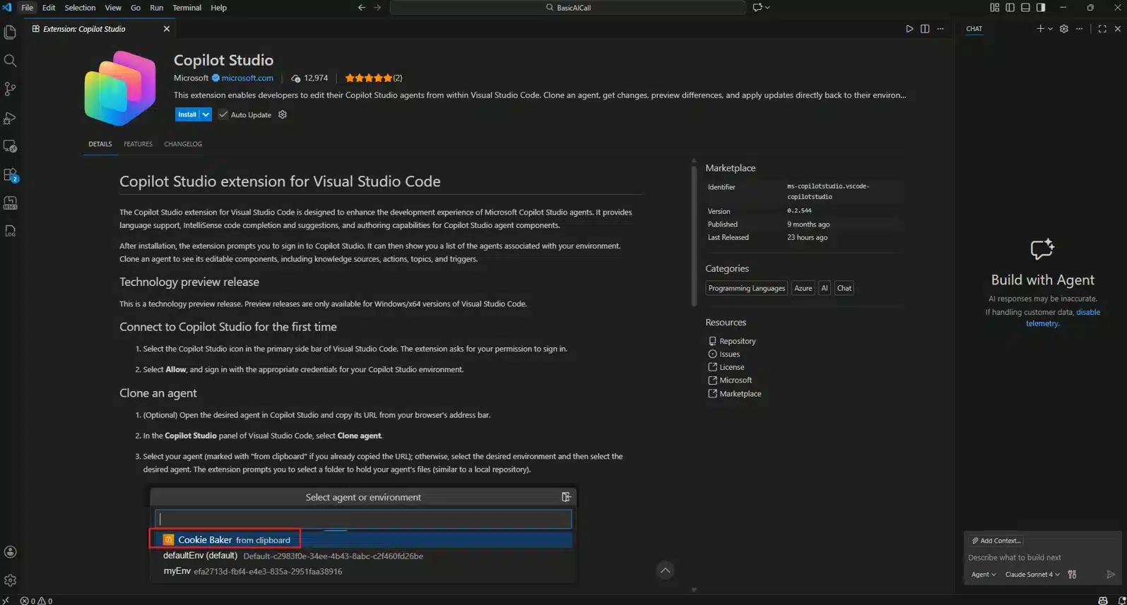 Interfaz de la extensión Copilot Studio para Visual Studio Code