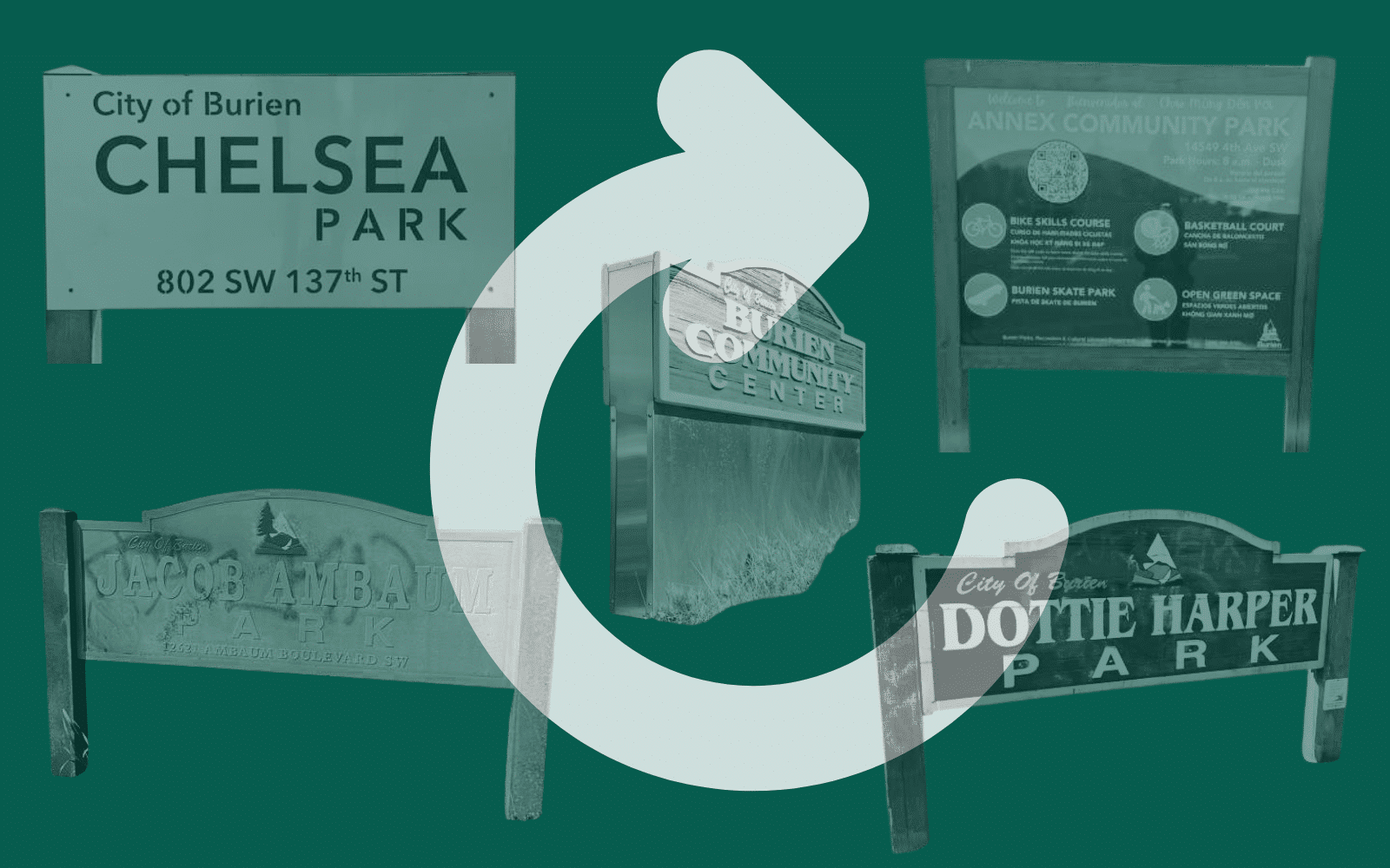 Letreros de parques y centros comunitarios, ilustrando espacios p&uacute;blicos financiados