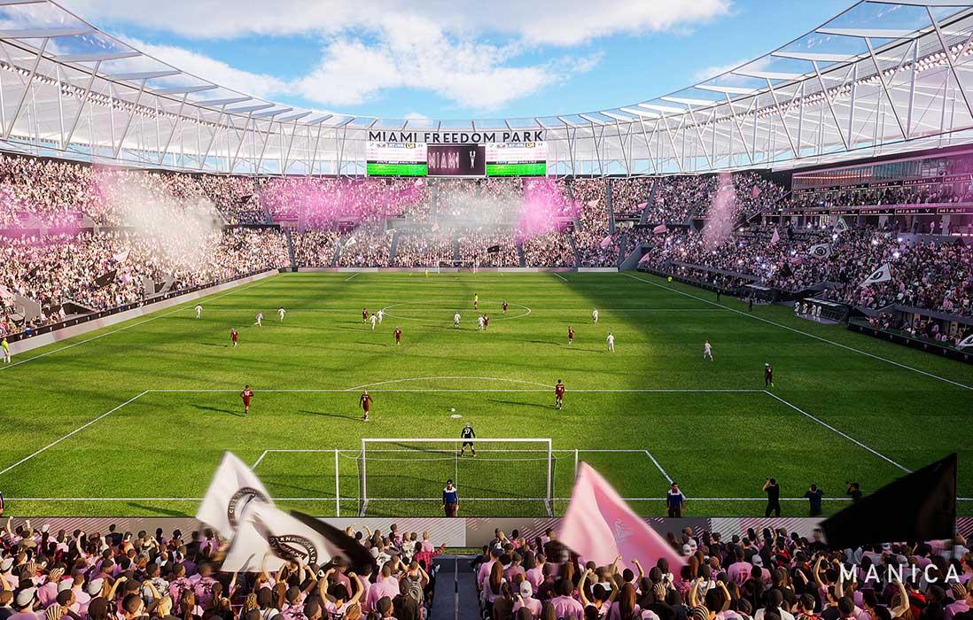 Nu Stadium lleno durante un evento con multitud y humo de colores