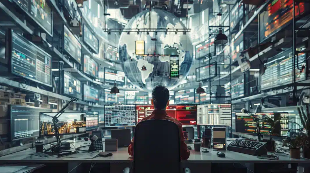 Sala de control moderna con m&uacute;ltiples pantallas mostrando datos y gr&aacute;ficos, representando el monitoreo de infraestructuras tecnol&oacute;gicas complejas