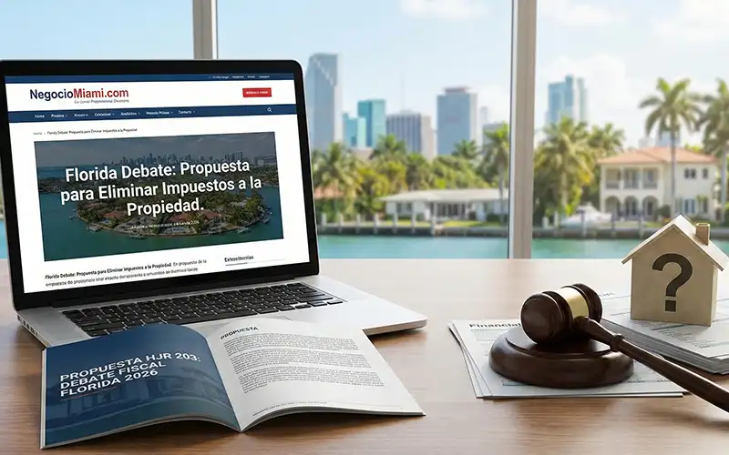 Oficina moderna con computadora mostrando artículo sobre debate de impuestos en Florida, junto a documentos, un mazo y una maqueta de casa con signo de interrogación