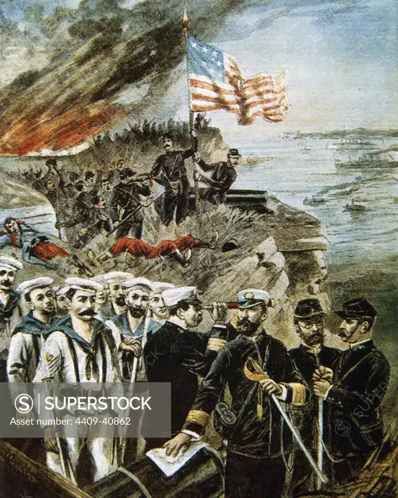 Soldados estadounidenses en una batalla histórica con bandera de EE.UU.