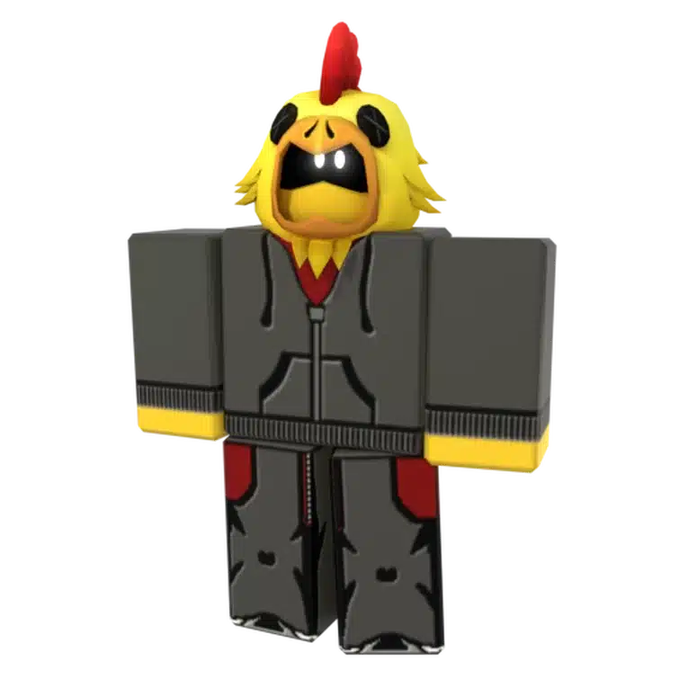 La imagen muestra un personaje de estilo animado con apariencia de ave, que lleva un atuendo gris con detalles en rojo y amarillo. Este personaje tiene una cabeza en forma de pollo y parece estar diseñado en un entorno de videojuego.
