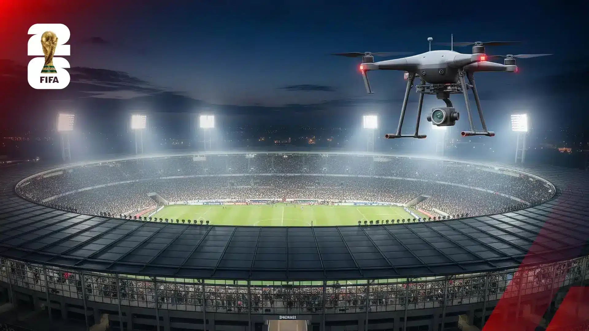 Estadio lleno iluminado con un dron sobrevolando durante un evento nocturno