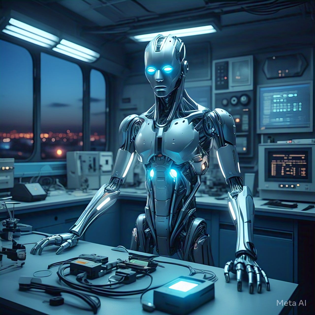 Robot humanoide futurista en laboratorio tecnol&oacute;gico