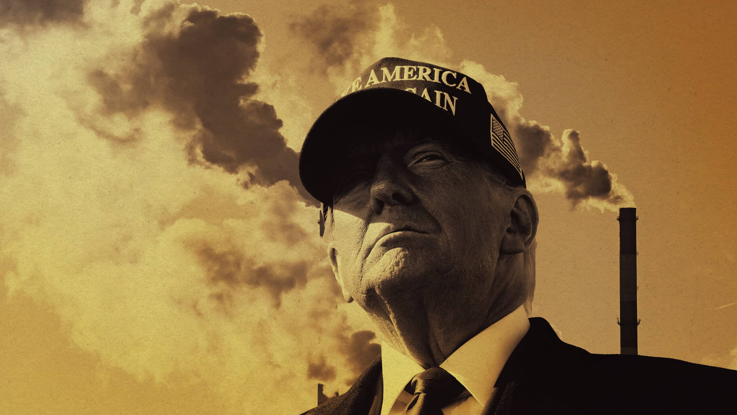 Hombre con gorra MAGA detr&aacute;s de chimeneas industriales