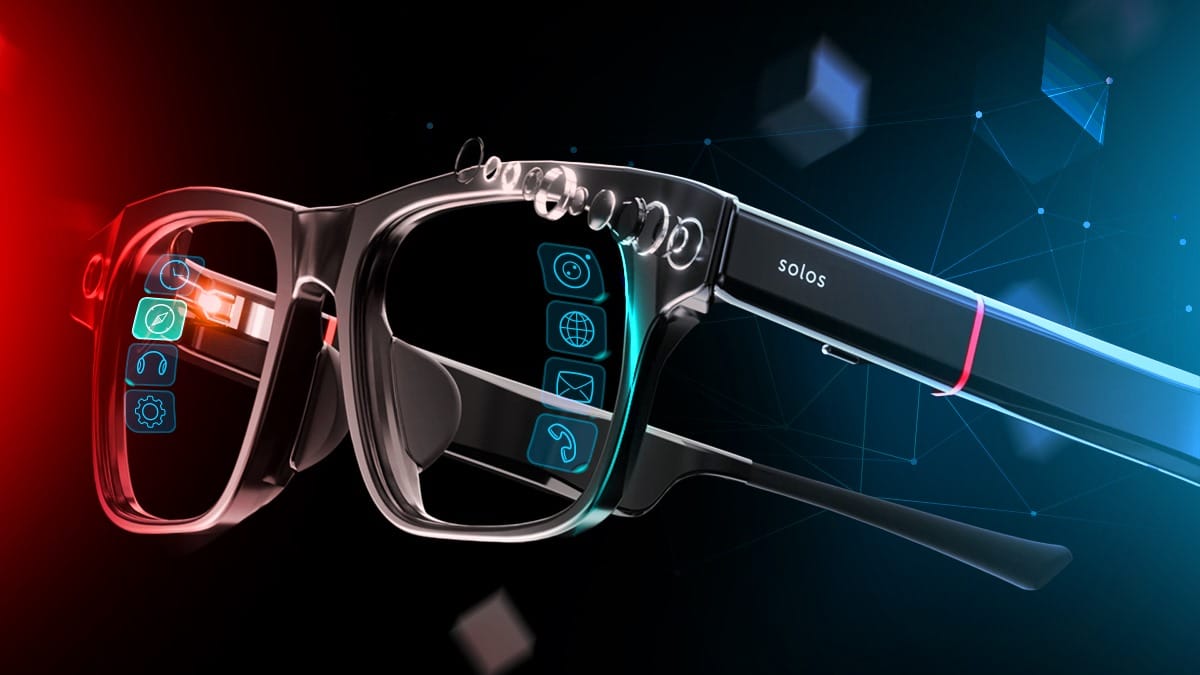 Par de gafas inteligentes con iconos de funciones: llamadas, navegación, aplicaciones
