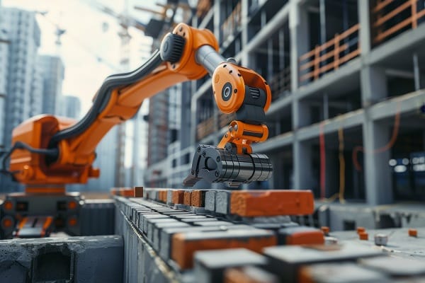 Brazo robótico en construcción maniobrando ladrillos