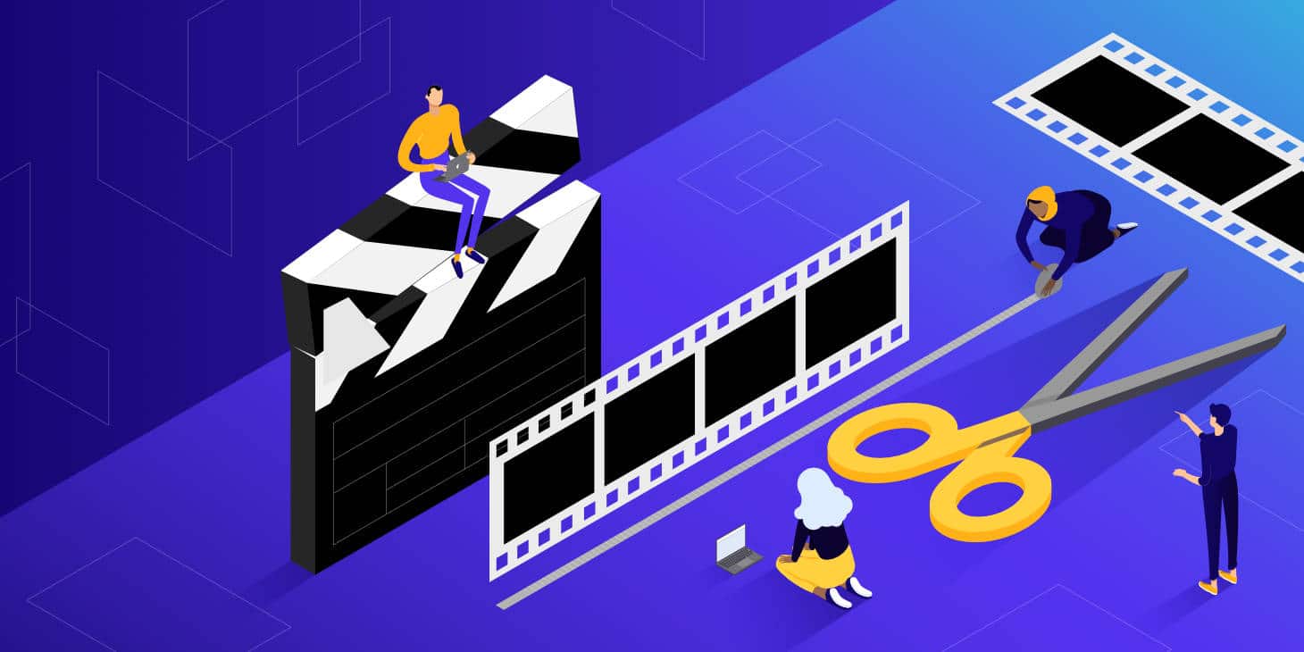 Diseño gráfico de figuras conceptuales interactuando con elementos de producción de video