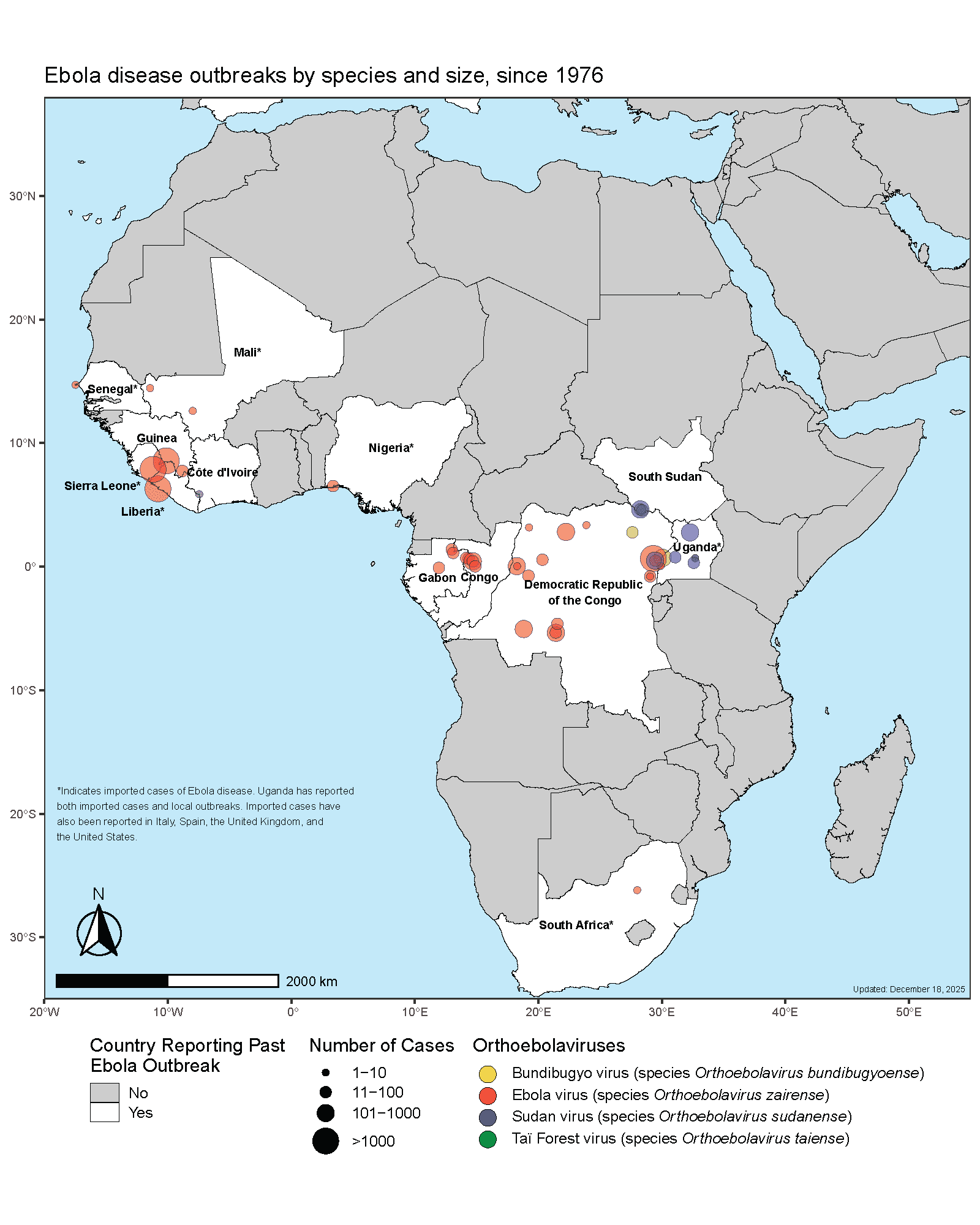 Mapa de los CDC con brotes de &Eacute;bola desde 1976