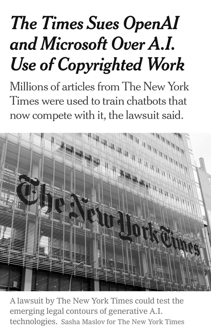Fachada del New York Times con titular sobre demanda a OpenAI