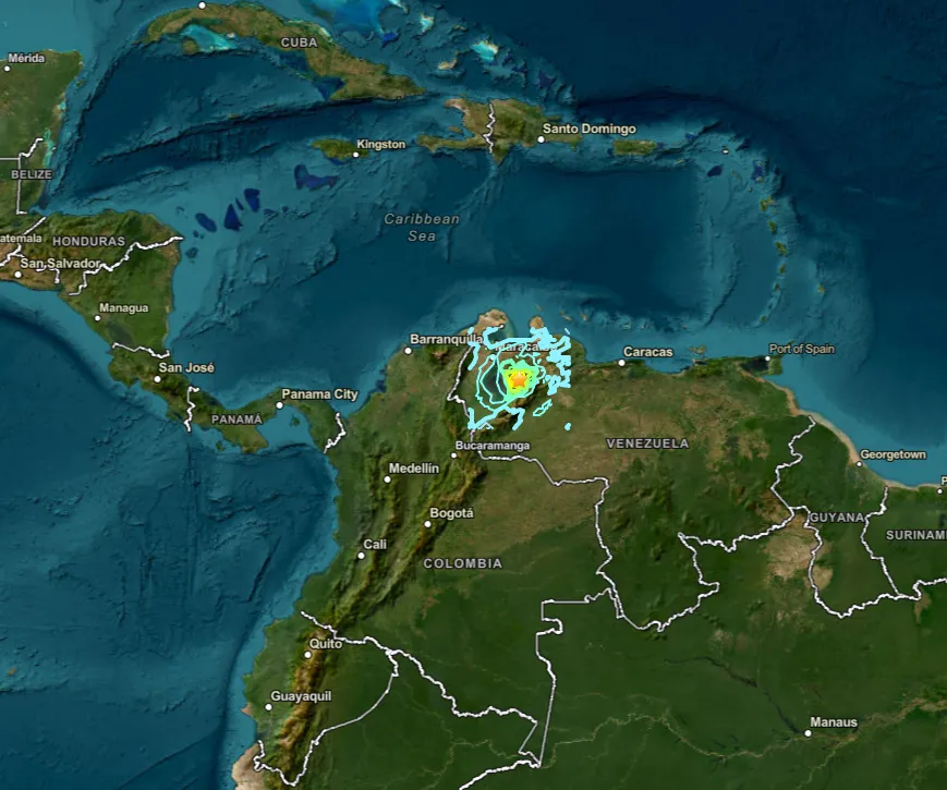 Mapa geográfico del Caribe con líneas de actividad sísmica y epicentro en Venezuela