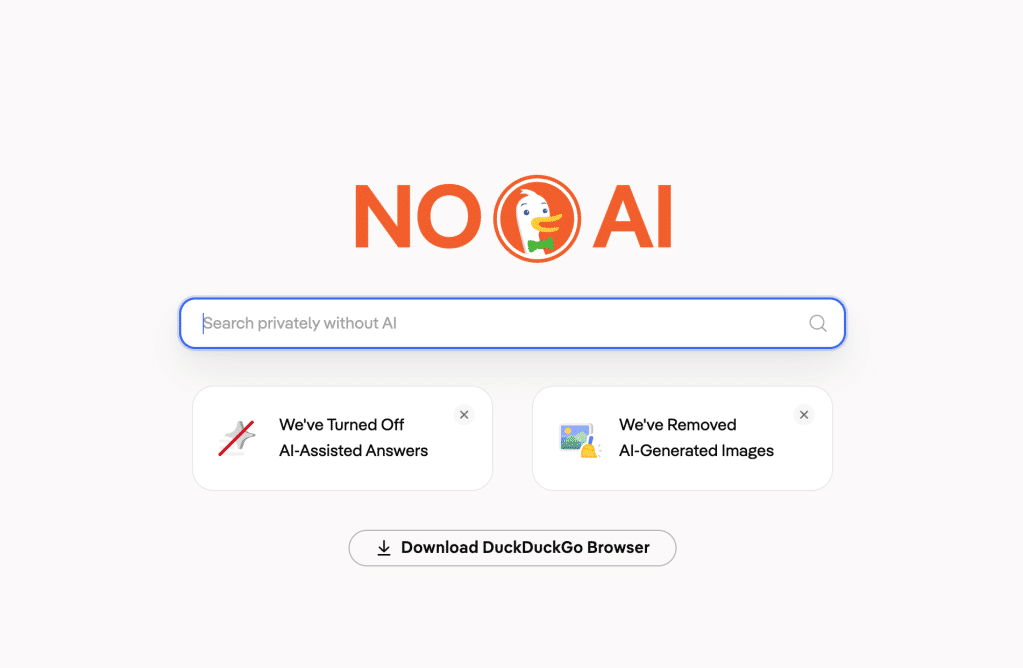 Interfaz de búsqueda NO AI de DuckDuckGo