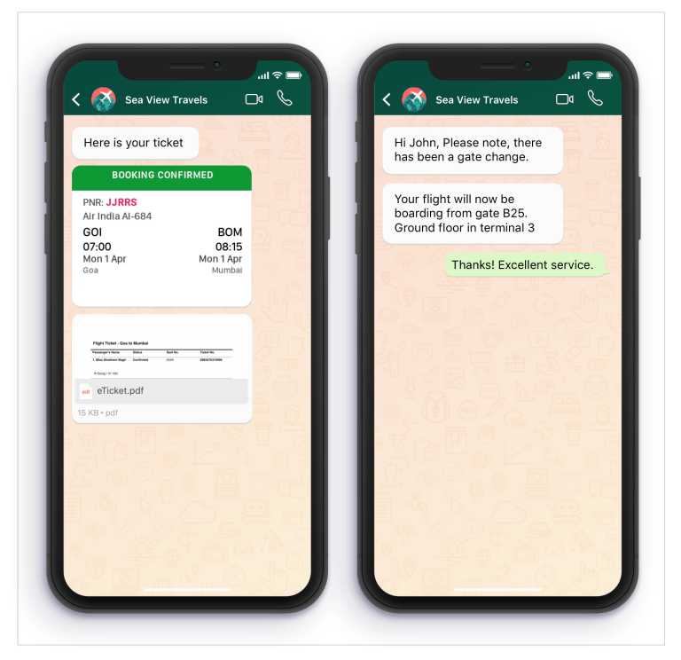 Interfaz de WhatsApp mostrando reserva de vuelo y cambio de puerta de embarque, ilustrando la capacidad del agente de IA para gestionar reservas