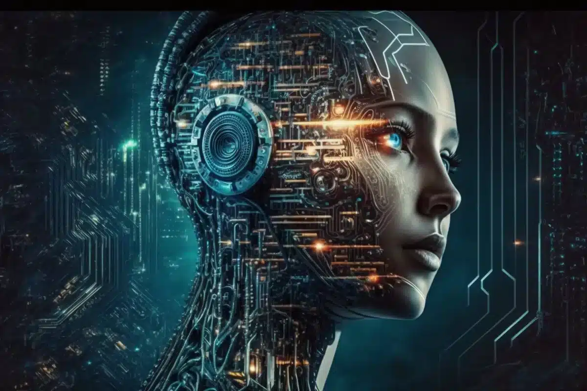 Figura humanoide con componentes robóticos y tecnológicos, simbolizando la inteligencia artificial