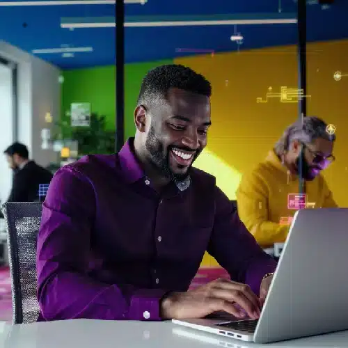 Grupo de profesionales trabajando en oficina moderna con elementos tecnológicos