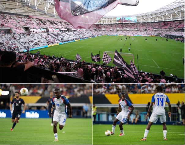Panorama del estadio Inter Miami CF con aficionados y jugadores de Haití en acción