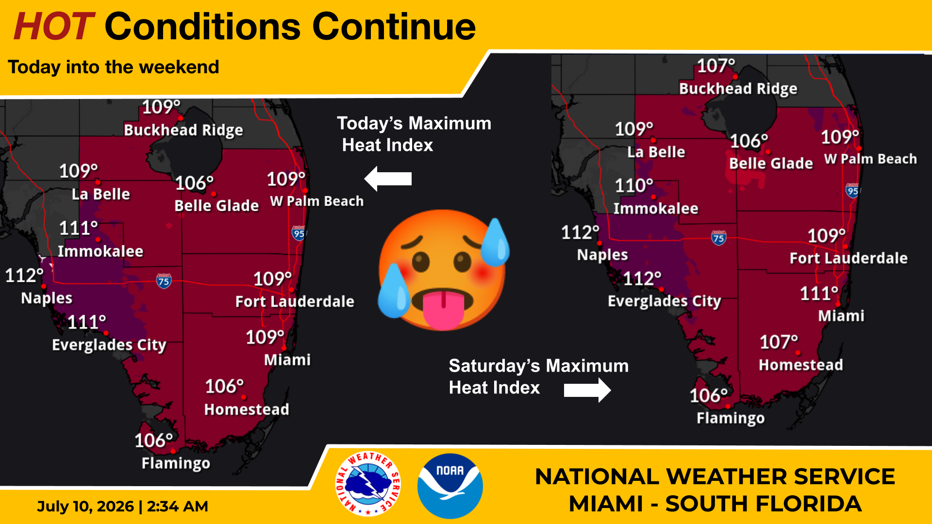 Mapa del índice de calor mostrando temperaturas de hasta 112°F en algunas localidades del sur de Florida