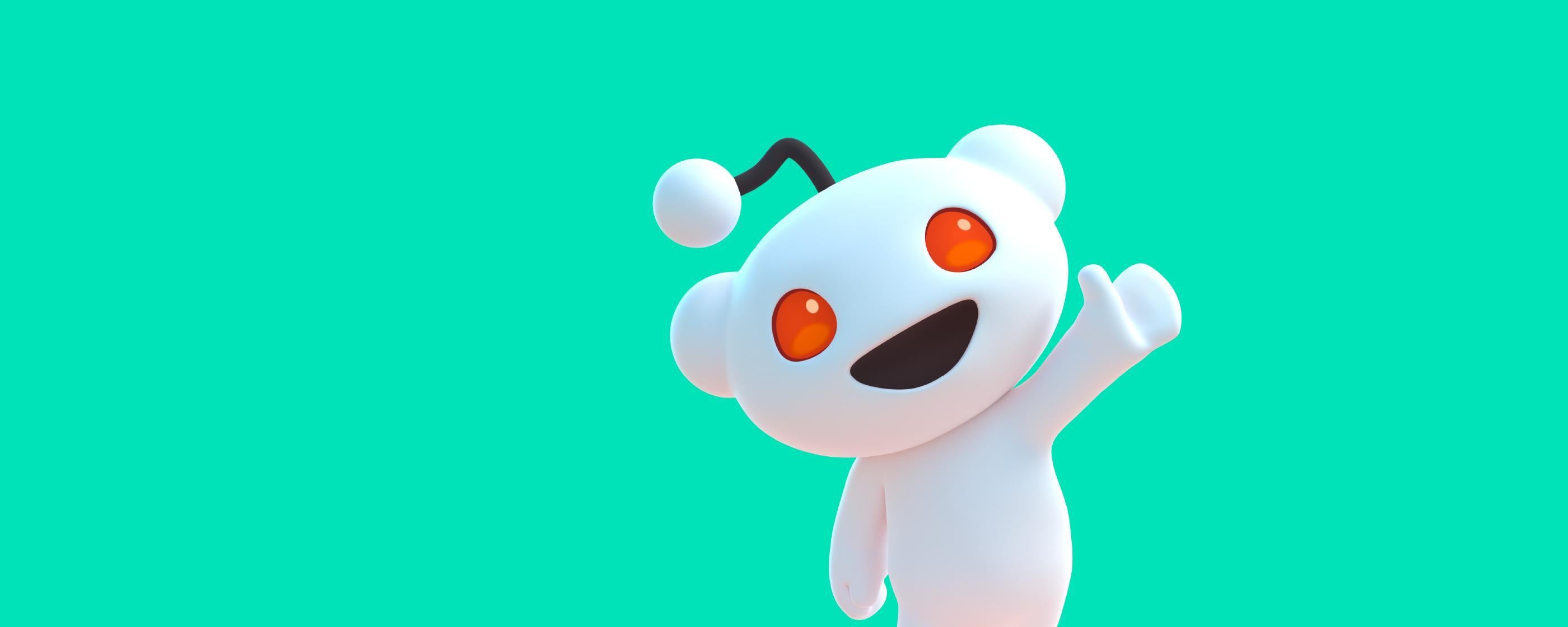 Personaje caricaturesco de Reddit (Snoo) sobre fondo verde