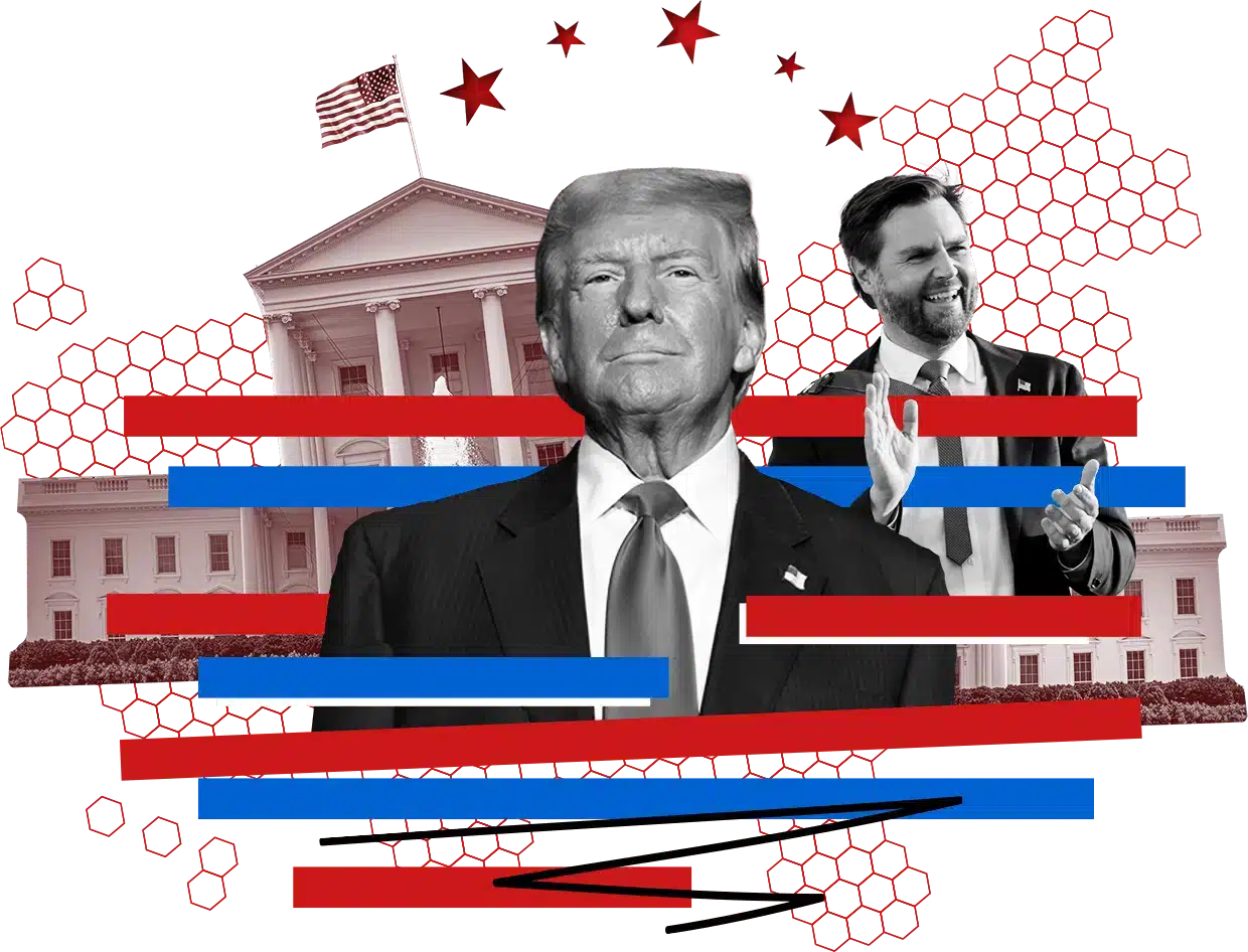 Ilustración de Donald Trump con fondo de la Casa Blanca y elementos patrióticos