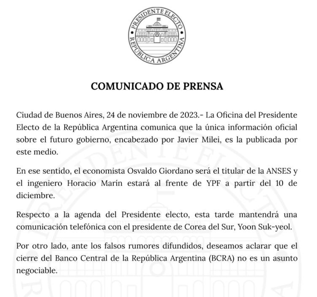 Comunicado de prensa sobre la reforma del BCRA