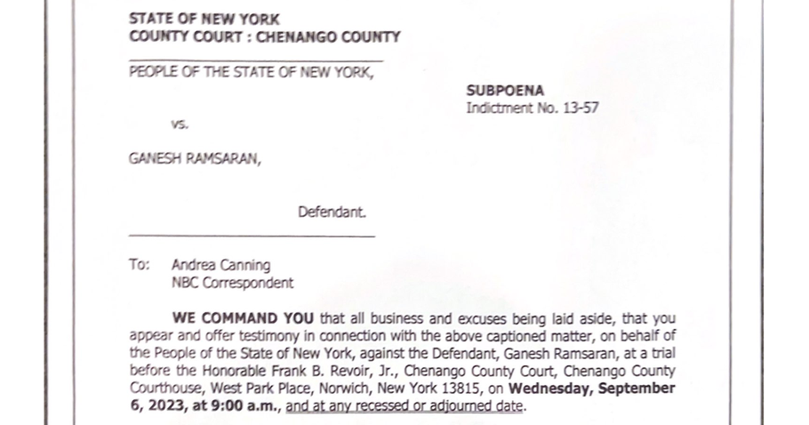 Subpoena document requiring NBC reporter Andrea Canning to testify