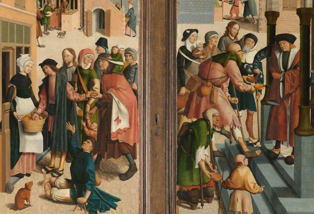 Escena histórica de caridad y donación comunitaria