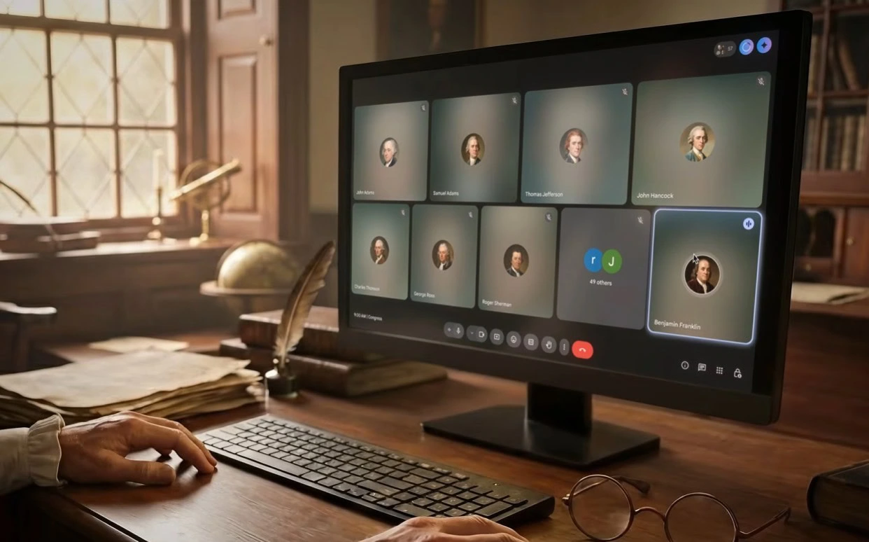 Videoconferencia de los Padres Fundadores en un escritorio antiguo con ordenador moderno