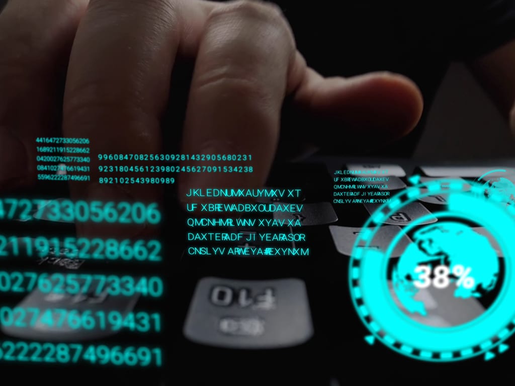 Mano sobre teclado con datos digitales y gráfico de ciberseguridad