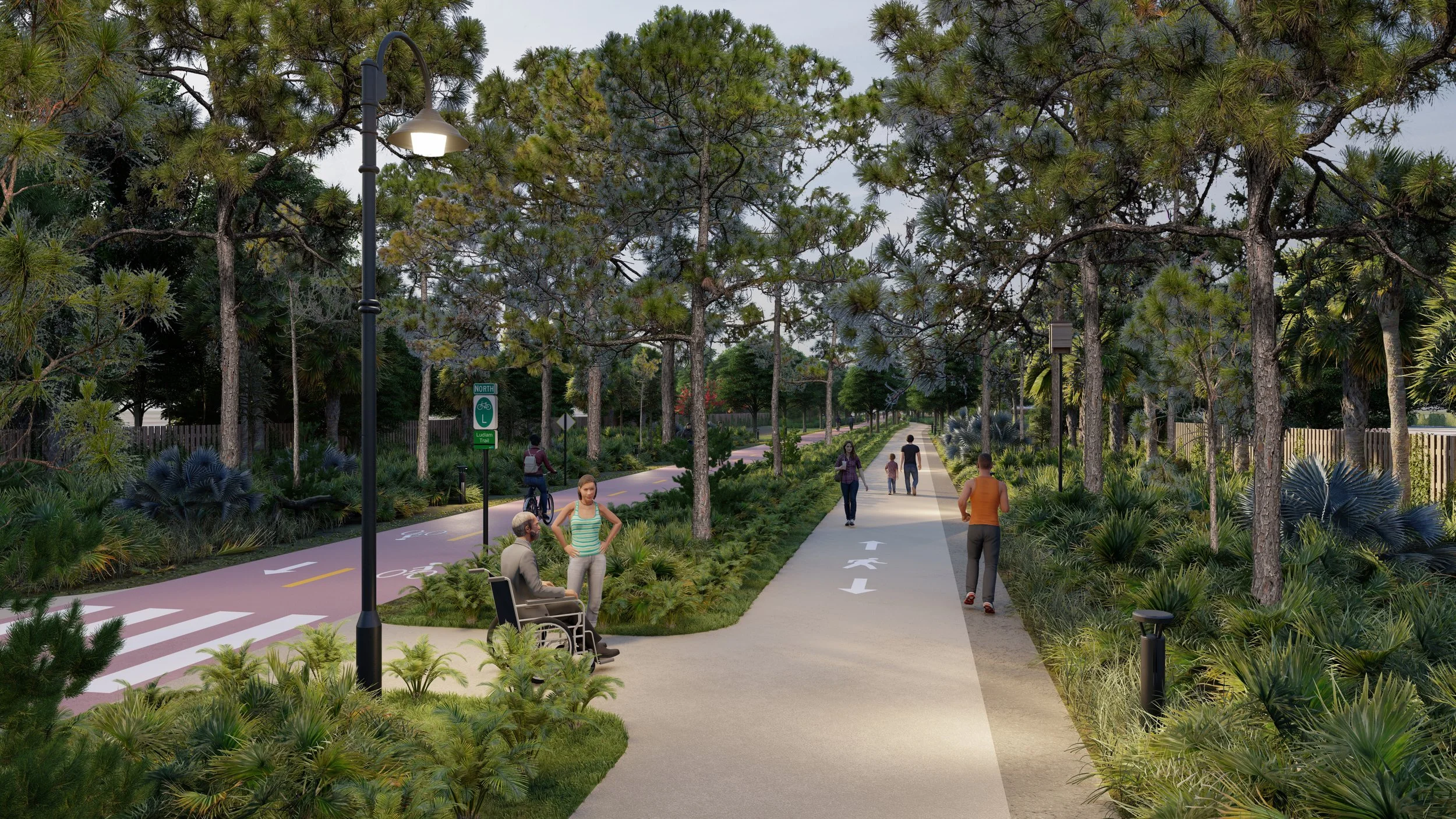 Render del futuro Ludlam Trail con peatones y ciclistas