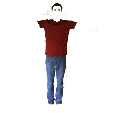 Figura humana con camiseta roja y jeans azules en pose de alto